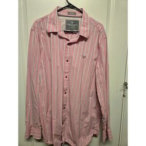 American Eagle Mens XXL Pink White Striped Button Down Shirt Premium Vintage Fit